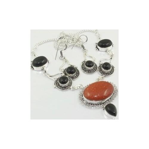 Black Onyx & Sun Stone Necklace Earing Silver Overlay over Copper , 53.5 cm, N3484
