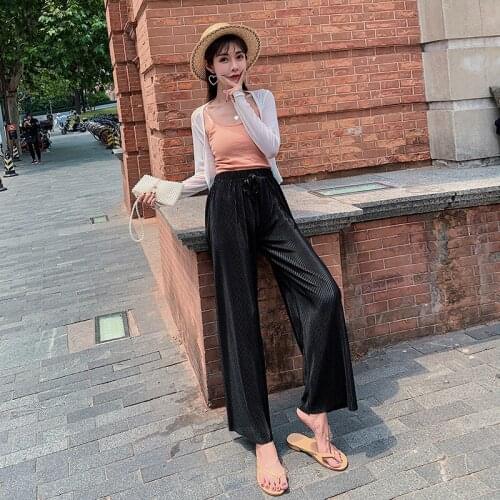 Pleated Chiffon Wide-leg Pants Summer Loose Thin Straight Pants Long Elastic Waist Casual Womens Pants Plus Size Streetwear