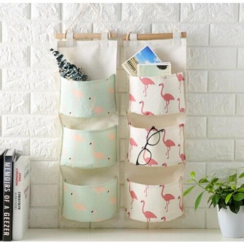 Flamingo Pattern Cotton Linen Hanging Storage Bag 3 Pockets Wall Mounted Wardrobe Hang Bag Wall Pouch Cosmetic Toys Organizer