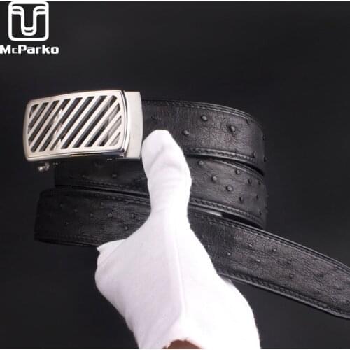 McParko Ostrich Leather Belt Genuine Leather Belts for Men Trouser Waist Belt Black Stainless Steel Fastener Luxury Man Gifts