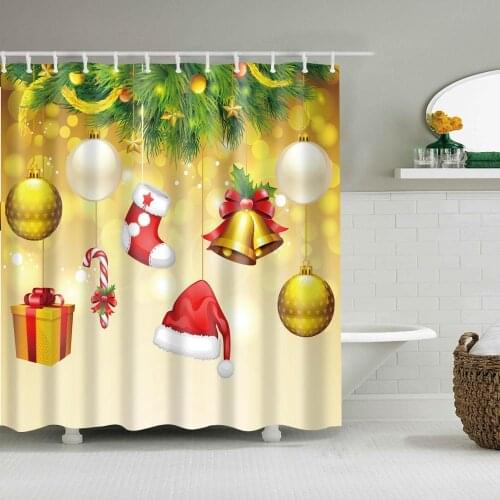 Christmas Series Shower Curtain Pine Branch Bell Sock Bath Accessories with 12 Hooks Waterproof Fabric Bathroom Xmas Decoration