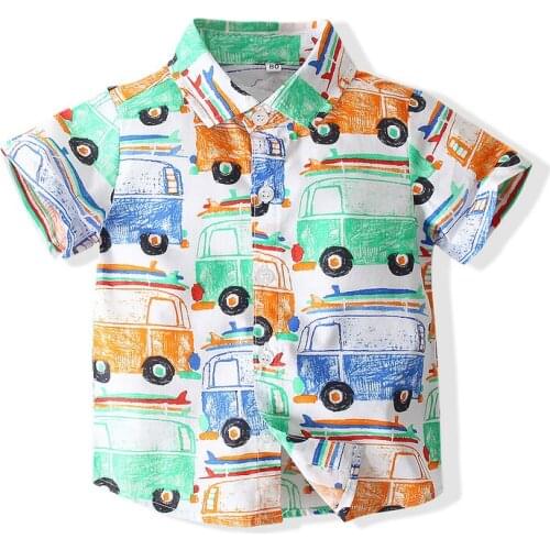 Kimocat Boy Short-Sleeved Shirt, Car Print Short-Sleeved Shirt Top, Summer Fashion Childrens Clothing 9 Months-5 Years