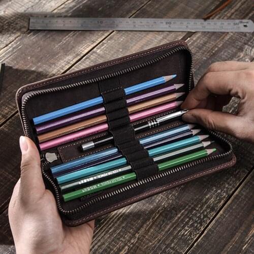 Handmade Genuine Cowhide Leather Pen Bag Zipper Pouch Pencil Case Retro Stationery Box for School Supplies Office Home Art
