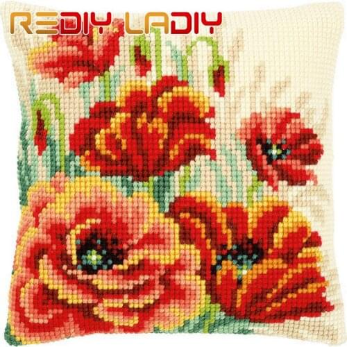 Cross Stitch Cushion Poppies Daisies Make Your Own Pillow Chunky Cross Stitch Kits Pre-Printed Canvas Acrylic Yarn Pillow Case