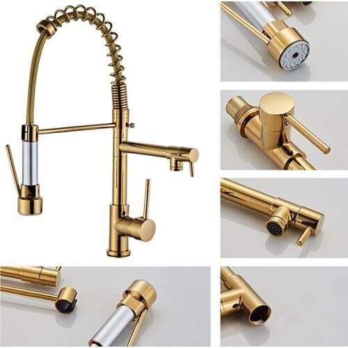 YOOAP NEW Kitchen Faucets Gold Brass Faucets for Kitchen Sink Single Lever Pull Out Spring Spout Mixers Tap Hot Cold Water Crane