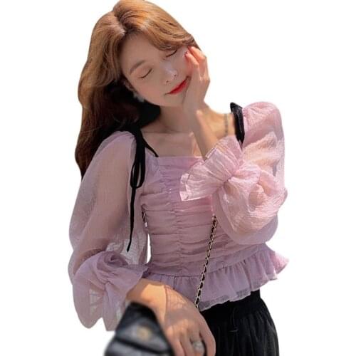 Womens Fashion Floral Print Slash Neck Blouses Sexy Sweet Chiffon Long Sleeve Shirt Tops