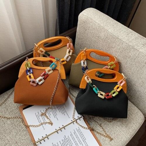 PU Wooden Clip Shoulder Evening Bag Women Chain Shell Crossbody Bags Fashion Lady Winter High Quality Shopper Handbags Purses