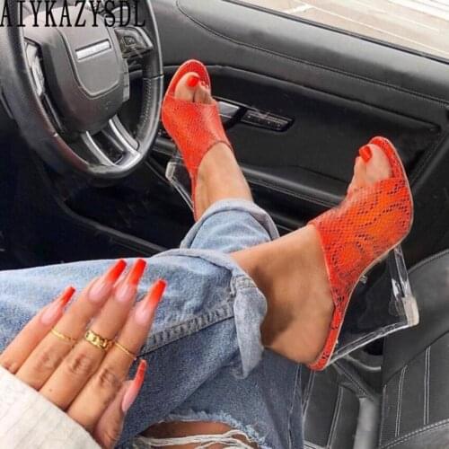 AIYKAZYSDL Women Clear Transparent Wedge Heels Sandals Neon Green Orange Rome Gladiator Shoes Snake Print Mule Slides Slipper