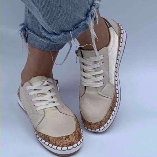 Womens Shoes Ladies Fashion Spring Autumn Leather Zipper Pure Color Casual Shoes Flat Large Size Lace Loafers Comfortable Shoes