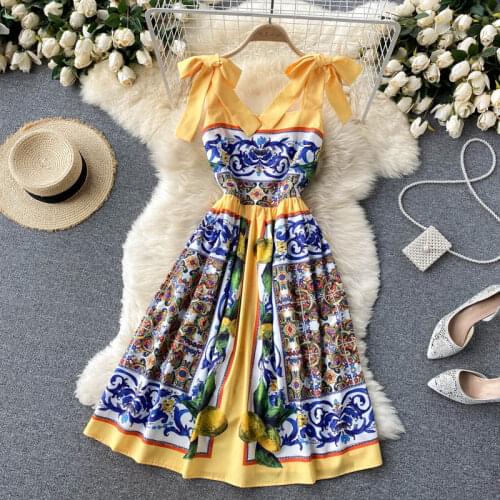 Women Runway Fashion Tie Bowknots Spaghetti Strap Floral Dress Chic Summer Prints Beach Chiffon Dress