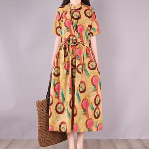 Cotton Linen Print Floral Vintage Dress 2021 New Arrival Loose Women Summer Casual Dress Draw String Office Lady Work Dress