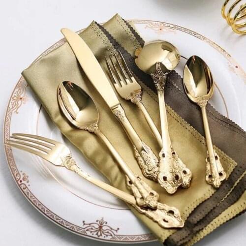 1pcs Luxury Golden Dinner Set Vintage Wedding Gift Gold Plated Cutlery Stainless Steel Steak Knife Dinnerware Silver Flatware
