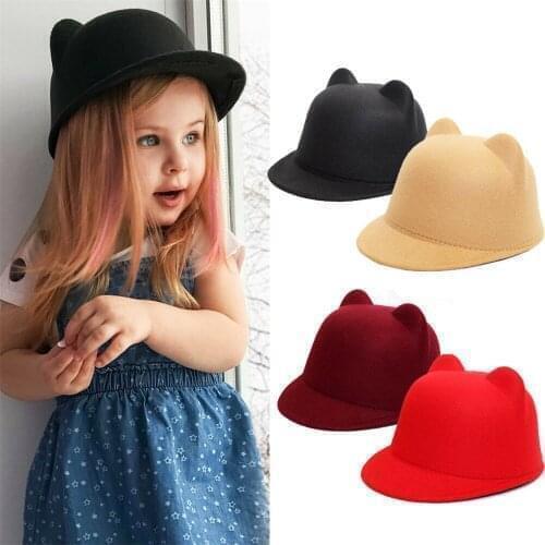 2021 Winter Warm Kids Baby Girls Cat Ears Wool Derby Bowler Cap Solid 3d Ears Vintage Costume Play Brim Hats Cap