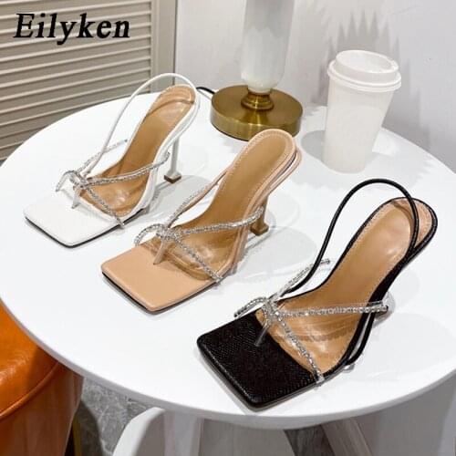 Eilyken Summer Women Elegant Crystal Wedding Party Shoes Sexy Square Toe Fetish Sandals Female Rhinestone Stiletto High Heels