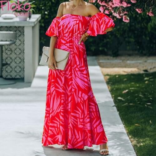 Flokocloset Sexy Bohemian Print Off The Shoulder Holiday Maxi Dress Summer Slash Neck Butterfly Sleeve Party Long Split Dresses