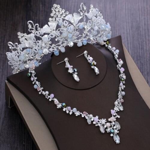 Baroque Silver Plated Crystal Flowers Bridal Jewelry Sets Rhinestone Crown Necklace Earrings Set Luxury Wedding Hair Accessories