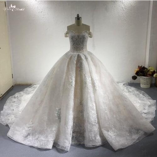 LZ285 Light Champagne Royal Train Wedding Dress Ruched Bridal Dresses Luxury Beaded Flowers Ball Gown Vestido De Noiva