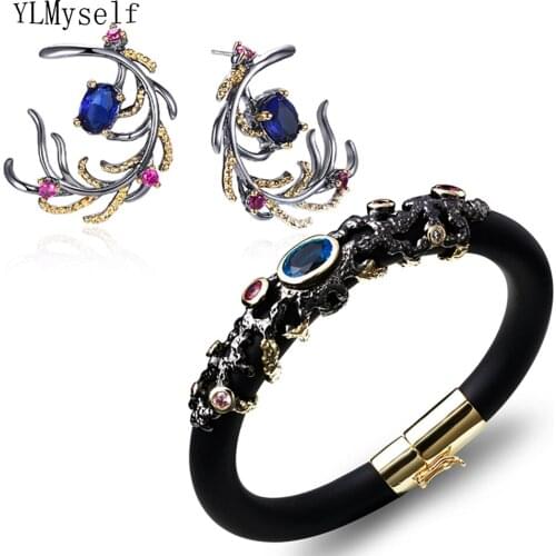 New earrings/bracelets sets luxury bangles copper Multi Blue cubic zirconia 2pcs jewelry sets for women Black Party accessories