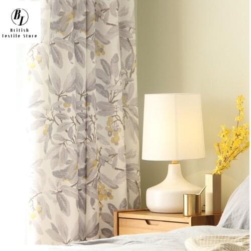 New American Pastoral Country Cotton and Linen Printed Fabric Curtain Grey Loquat Bird Curtains for Living Dining Room Bedroom