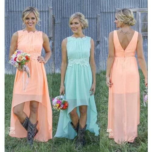 2020 New Cheap Country Bridesmaid Dresses Bateau Backless High Low Chiffon Coral Mint Green Beach Maid Of Honor Dress For Wedd