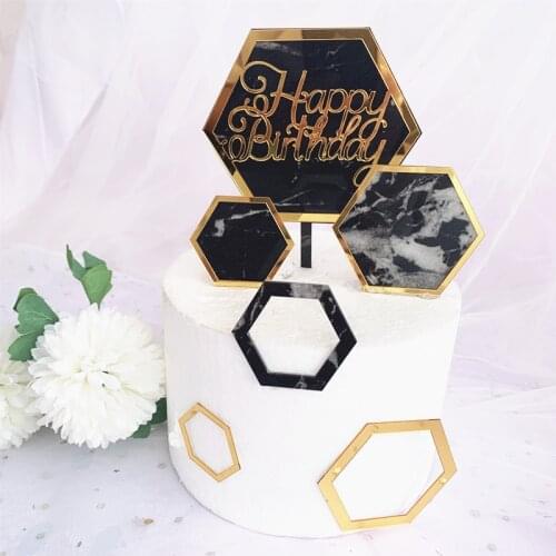 New Marble Acrylic Cake Topper INS Hexagon Gold Happy Birthday Cake Topper For Kids Birthday Party Cake Decorations Baby Shower