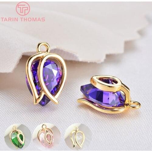 4PCS 12x8MM 24K Gold Color Plated with Purple Zircon Hollow Flower Bud Charm Pendants for Jewelry Making Findings Accessories