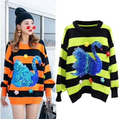 Fall 2020 women clothing Fashion 3D Sequins Appliques winter oversized harajuku Striped sweater Loose Pullover sueter mujer