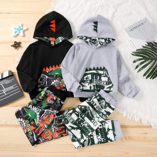 2021 Autumn Kids Boys Dinosaur Print Casual Outfit Children Long Sleeve Front Pocket Hoodie Tops + Pants Baby Clothes 1-6 Years