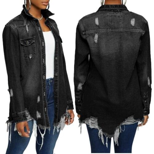 Casual Hole Jeans Coat Jackets Plus Size Slim Fit Womens Middle Denim Long Coat Long Sleeve Washed Pocket Denim Jackets