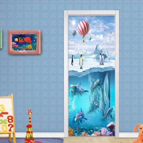 PVC Self Adhesive Waterproof Photo Wall Mural Door Sticker Wallpaper 3D Iceberg Penguin Dolphins Childrens Bedroom Wallpaper 3D