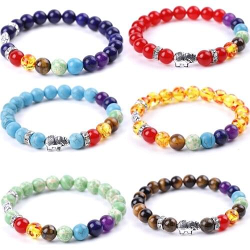 Elephant Seven Chakra Yoga Energy 8mm Howlite Black Lava Stone Beads Bracelet Malachite Tiger Eye Beaded Buddha Strand Jewelry