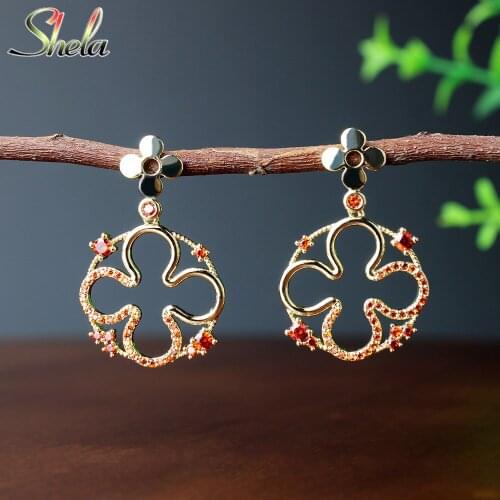 High Quality Red Flower Four Leaf Clover Earrings For Women Zirconia Fashion Jewelry Dangle Wholesale S925 Pin