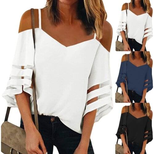 Women Flared Sleeve V-neck Solid Color Off-shoulder Straps Loose T-shirt Top Summer Casual Lovely Girls Ladies Shirt