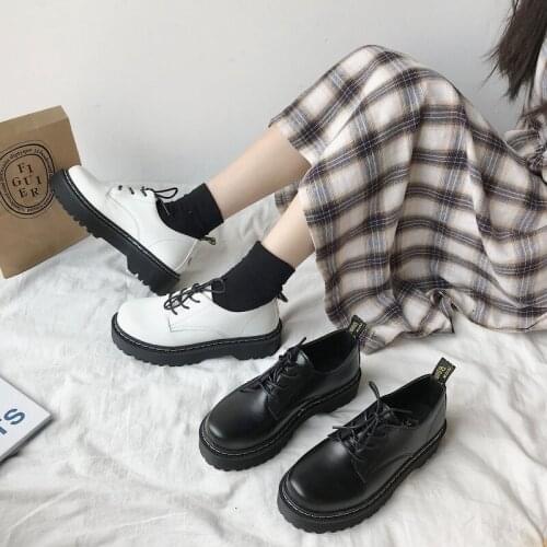 New Autumn Women Shoes Solid Black Leather Oxford Shoes Woman Lace Up High Heels Thick Bottom Flat Platform Loafers Casual Shoes
