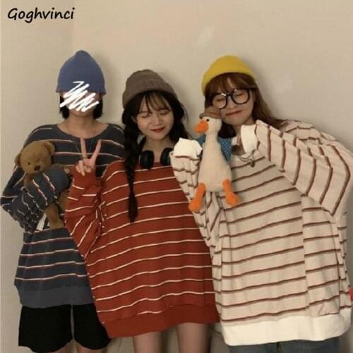 Women No Hat Hoodies Sweatshirts Pullover O-neck Striped Loose Big Size 2XL Korean Fashion Style Trendy Students All-match New