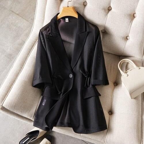 Drawstring Waist Mesh Suit Women Thin 2021 Spring Summer New Korean Five-Point Sleeves Suit Jacket Breathable Blazer Tops zh889