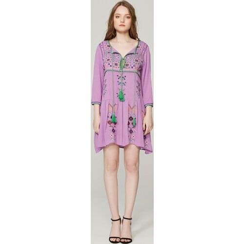 New Bohemian Vintage Folklore Embroidered Vestidos Loose Tassels Three Quarter Boho Cotton Maxi Hippie Dress Gypsy Women