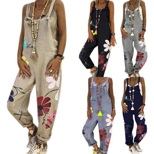 80% HOT SALES！！！Women Sleeveless Floral Print Pockets Long Pants Loose Overall Jumpsuit Romper