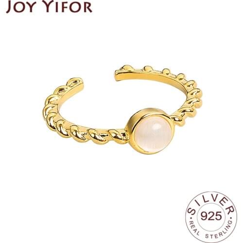 925 Sterling Silver New Simple Stone Gold Color Rings Retro Distressed Opening Handmade Ring Fashion Fine Jewelry