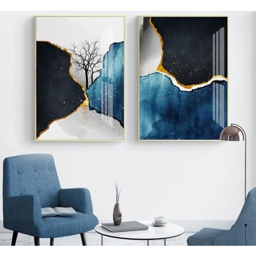 Abstract Contemporary HD Blue Gold Black Marble Wall Art Canvas Paintings Poster Print Wall Pictures for Living Room Home Decor