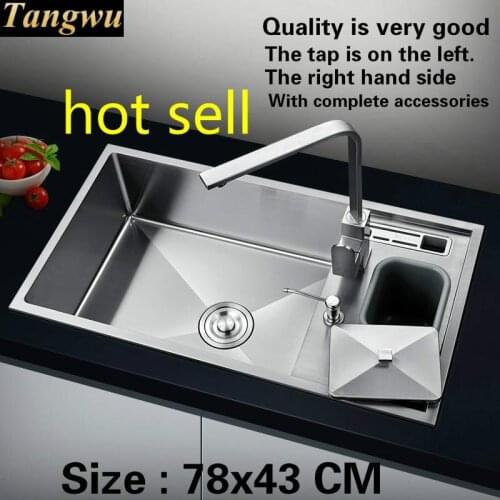 Free shipping Luxury kitchen manual sink single trough the faucet is on left or right 304 stainless steel hot sell 780x430 MM