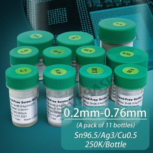 BGA Lead-free Solder Balls 0.2/ 0.25/ 0.3/ 0.35/ 0.4/ 0.45/ 0.5/ 0.55/ 0.6/ 0.65/ 0.76mm 250K for Soldering Repair