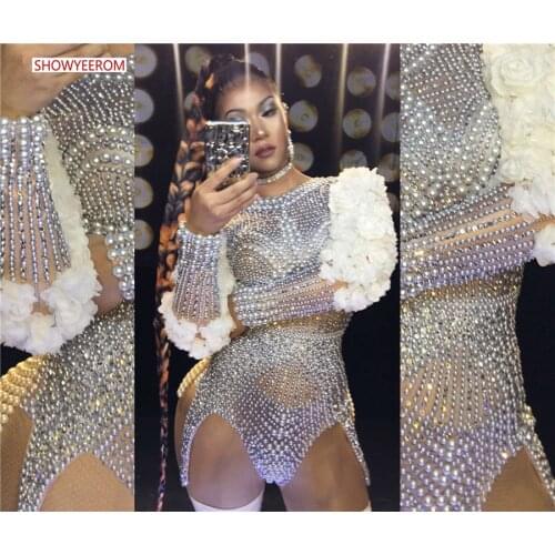 Bright Silver Crystals Pearls Feather Fringes Bodysuit Womens Birthday Celebrate Nightclub DJ Female Singer Show Bodysuits