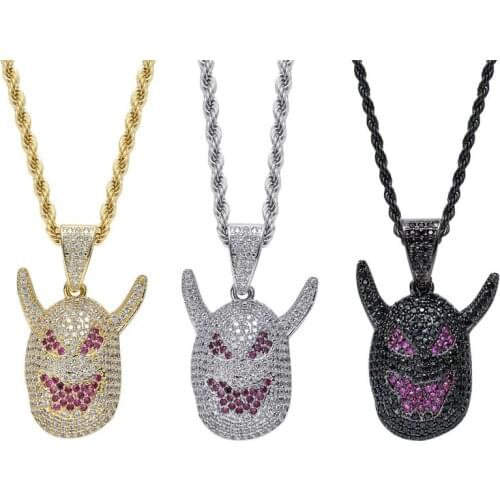 Full Cubic Zircon Satan Pendant Necklace Hip Hop Rapper Jewelry Bling Bling Ice Out Devil Charm Necklace For Men