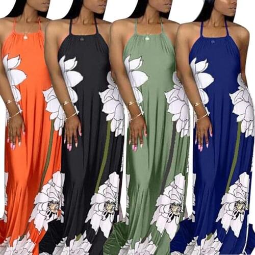 D8232 Wholesale Items Summer Fashion Women Neck Drawstring Backless Sleeveless Digital Floral Printed Scarf Floor-Length Dress