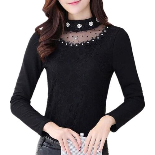 Elegant Womens Spring Autumn Lace Shirts Long Sleeve Bead Decoration Womens Fashion O-Neck Blouses Casual Womens Tops DD8274