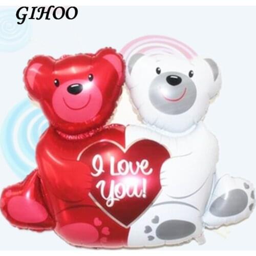 GIHOO Double Bear Hug Heart Aluminum Foil Balloon Red White Bear Animal Balloon For Wedding Valentines Day Party Globs Decora