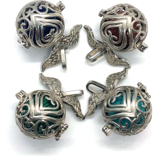 Natural Stone Pendant Lapis Lazuli Malachite Copper Wings Carved Heart-shaped Hollow Spherical Pendant Handmade DIY Jewelry