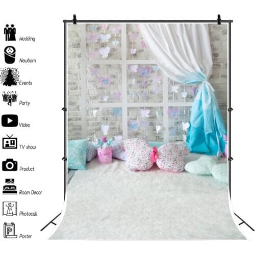Laeacco Gray Brick Wall Gift Curtain Party Blanket Child Portrait Room Interior Photo Background Photo Backdrops Photo Studio