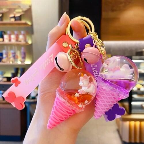 Cute Cartoon Crystal Ice Cream Keychain PVC Unicorn Keyrins For Women Bag Charms Car Key Holder Pendant Jewelry Christmas Gift